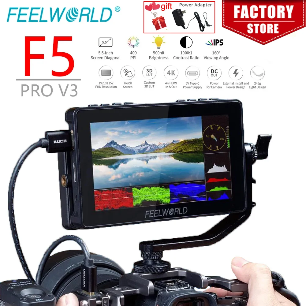 Feelworld F5 Pro V3 5.5 Pollici 3D Lut Touch Screen Dslr Monitor Da Campo Telecamera 4K Uscita Ingresso Hdmi Trasmissione Wireless Luce Led