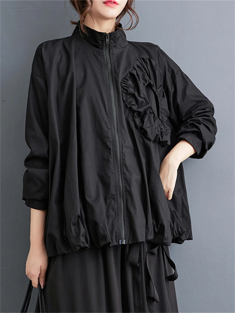 2025 Spring Autumn Women's Black Solid Color Jacket Casual Loose All Match Double-layer Oversize Fashion Standing Collar Coat