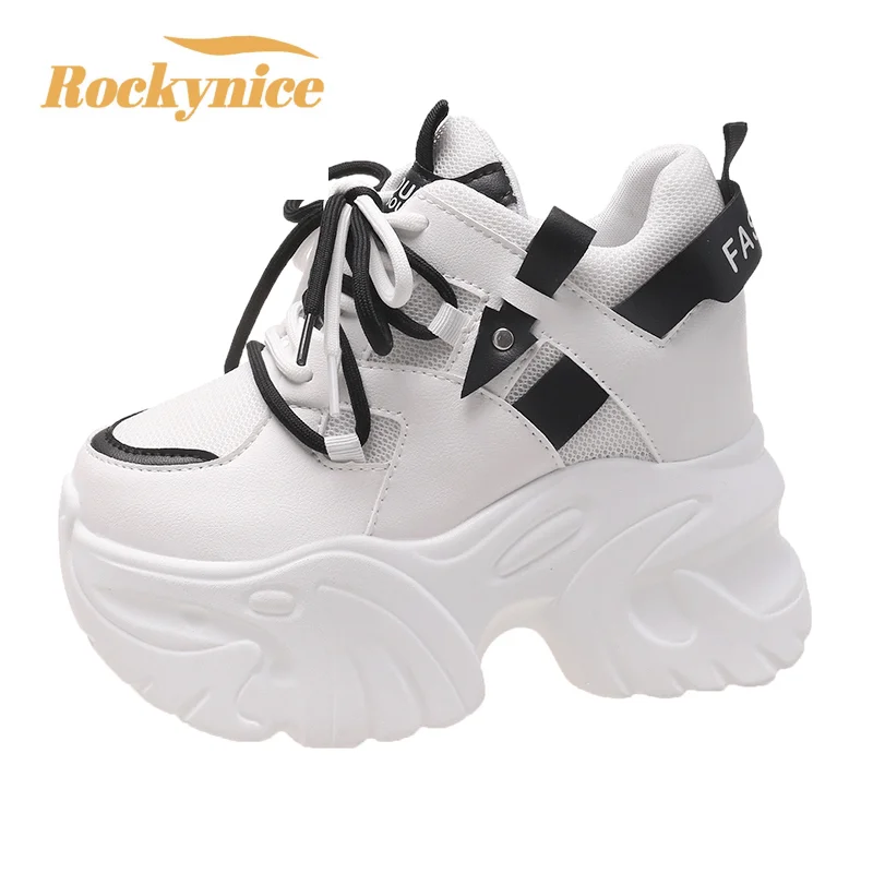 Zapatillas de deporte con plataforma para mujer, zapatos deportivos con cordones de 10,5 CM, informales y gruesos de malla de fondo grueso, color blanco, otoño