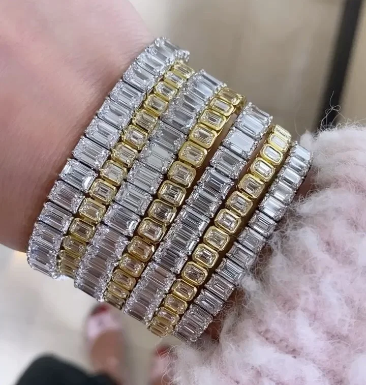 

Iced Out Bling 5A White Rectangle CZ Bezel Tennis Chain Geometric Fashion Women High Quality Bracelet 17cm 19cm