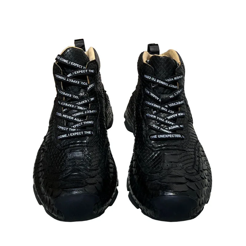 Men's Shoes Autumn Winter Python Snake Skin High Top Casual Versatile Real Leather Men's Black Trendy Wear-resistant Shoes