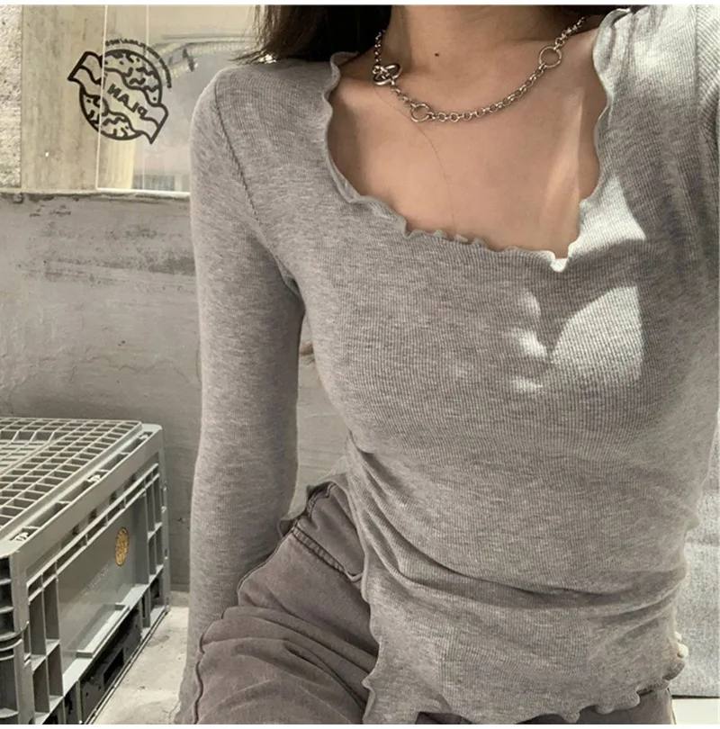 Description Picture 3 of itemLong Sleeve T-shirts Women Fungus Line Irregular Hem Knitted Slender Autumn Bottoming Tees Chic Fashion Sexy Solid Ulzzang New