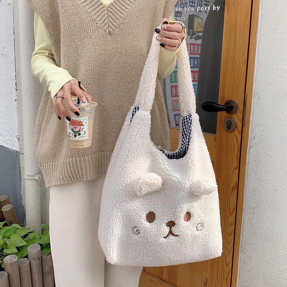 Soft Plush Tote Bag Women Cartoon Embroidery Imitation Lamb Hair Shoulder Shopper O7H5