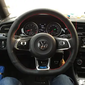 Alfanxi Hand Stitch Sewing Italy Alcantara Car Steering Wheel Cover Wrap  for Volkswagen Golf GTI/Golf R/Jetta GLI (Black Alcantara+No Stripes)