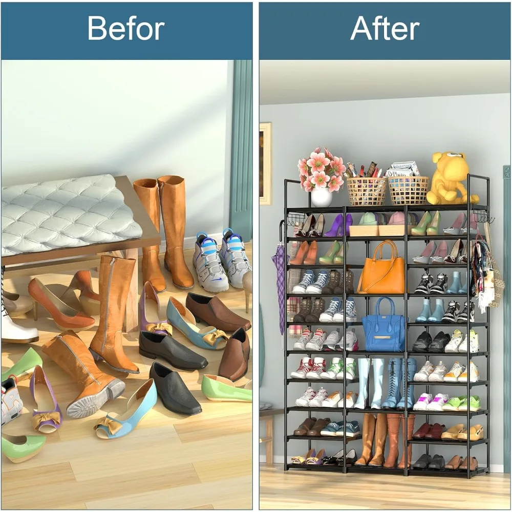 3 Row 10 Tier Large Shoe Rack Organizer for Closet Entryway, Metal Shoes Shelf Tall Vertical Stackable Shoe Stand 5