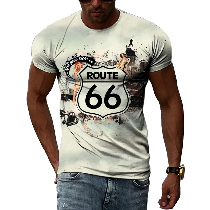 

Summer Man T-shirts 3D Print Hip Hop Harajuku Personality Round Neck Short Sleeve Fashion Top Tee Natural Scenery Route 66 Sign