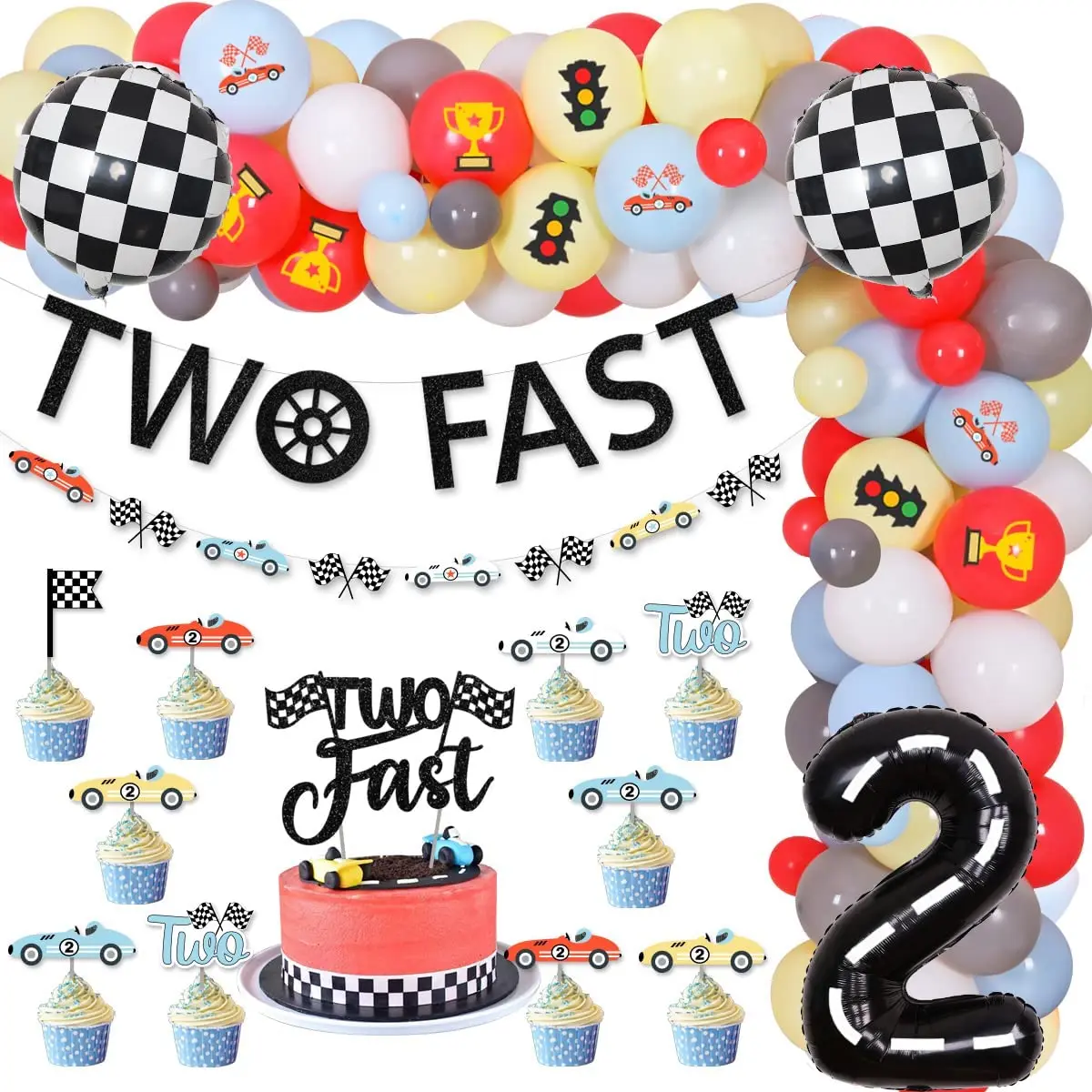 

Sursurprise-Two Fast Racing Birthday Decorations, Two Fast Banner, Cake Topper, Checkered Foil Balloons for Boys, 2nd Birthday D