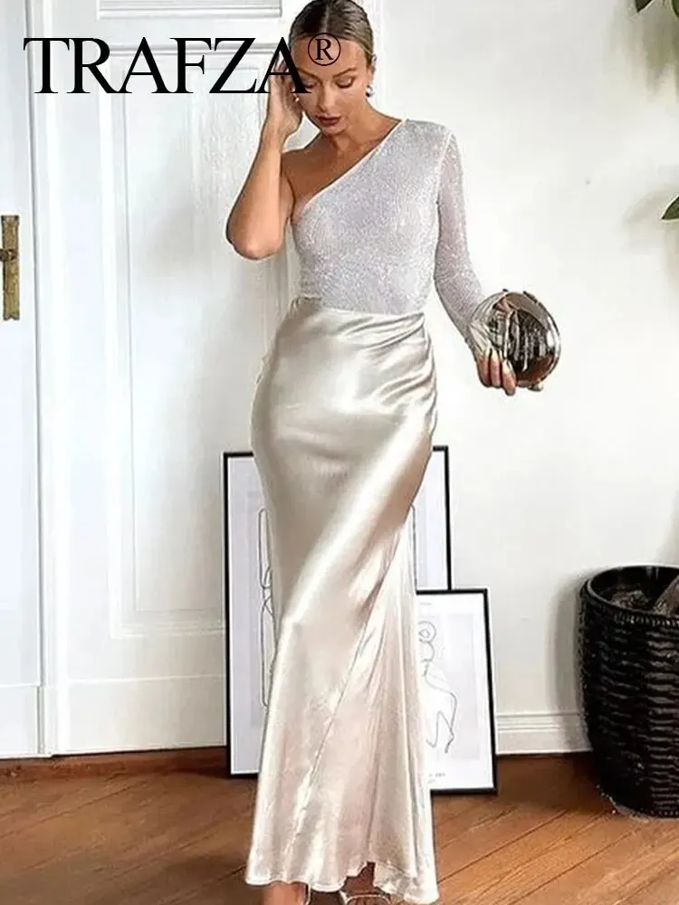 HH Skirts For Women Elegant Solid Long Skirt Spring Woman Elastic High Waist A- Line Casual Female Satin Skirts Streetwear