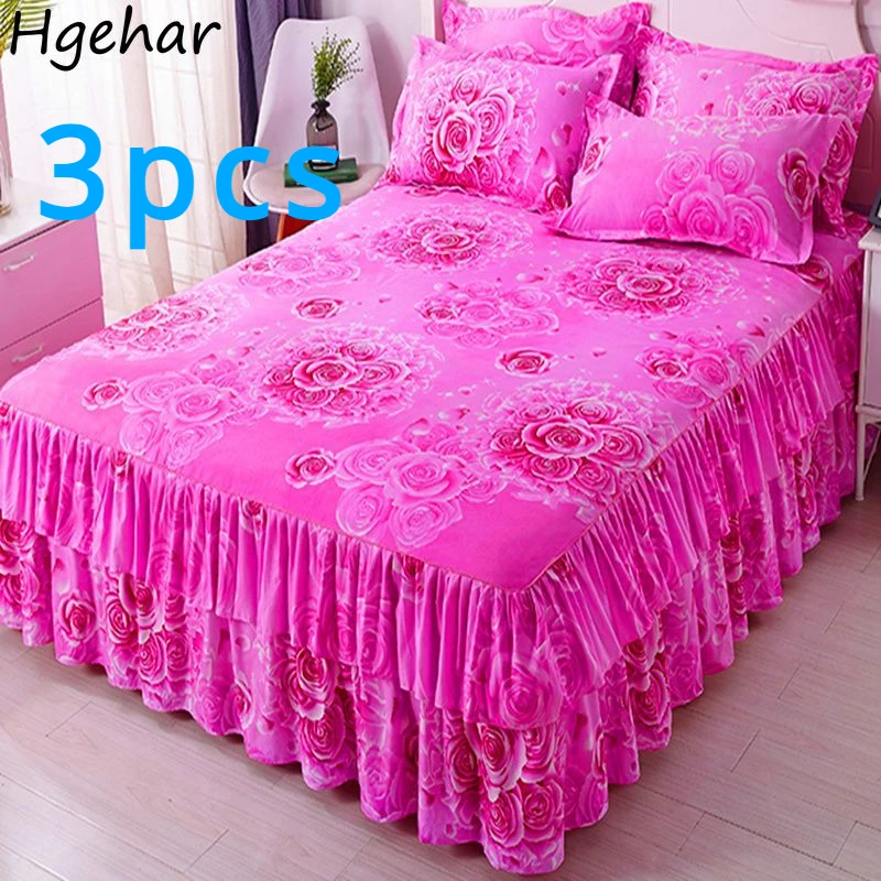 3pcs Sheet Set Luxury Household Bed Skirts Pillowcase Bedroom Decoration Soft Skin-friendly Non-slip Bedding Household Washable 1