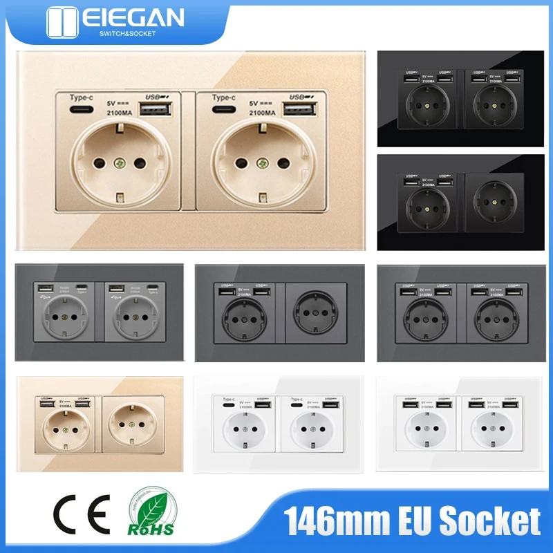 

PSSRISE Wall EU Power Socket With 4USB, Tempered Glass Panel, 146*86mm, Bedroom Socket, 16A Wall Embedded Socket USB Socket