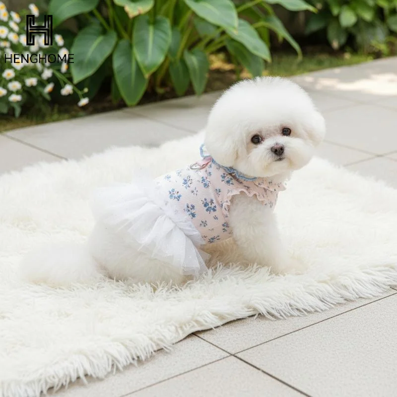 1Pcs 테디 꽃무늬 플라잉 슬리브 조끼 강아지 옷 애완견 봄 메쉬 패치워크 푹신한 드레스 소형견 강아지 옷