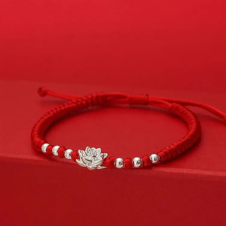 

999 Sterling Silver Women's Diamond Knot Hand-Woven Red Rope Bracelet Lotus Charms HandRope Solicit Wealth Money Drawing Fortune