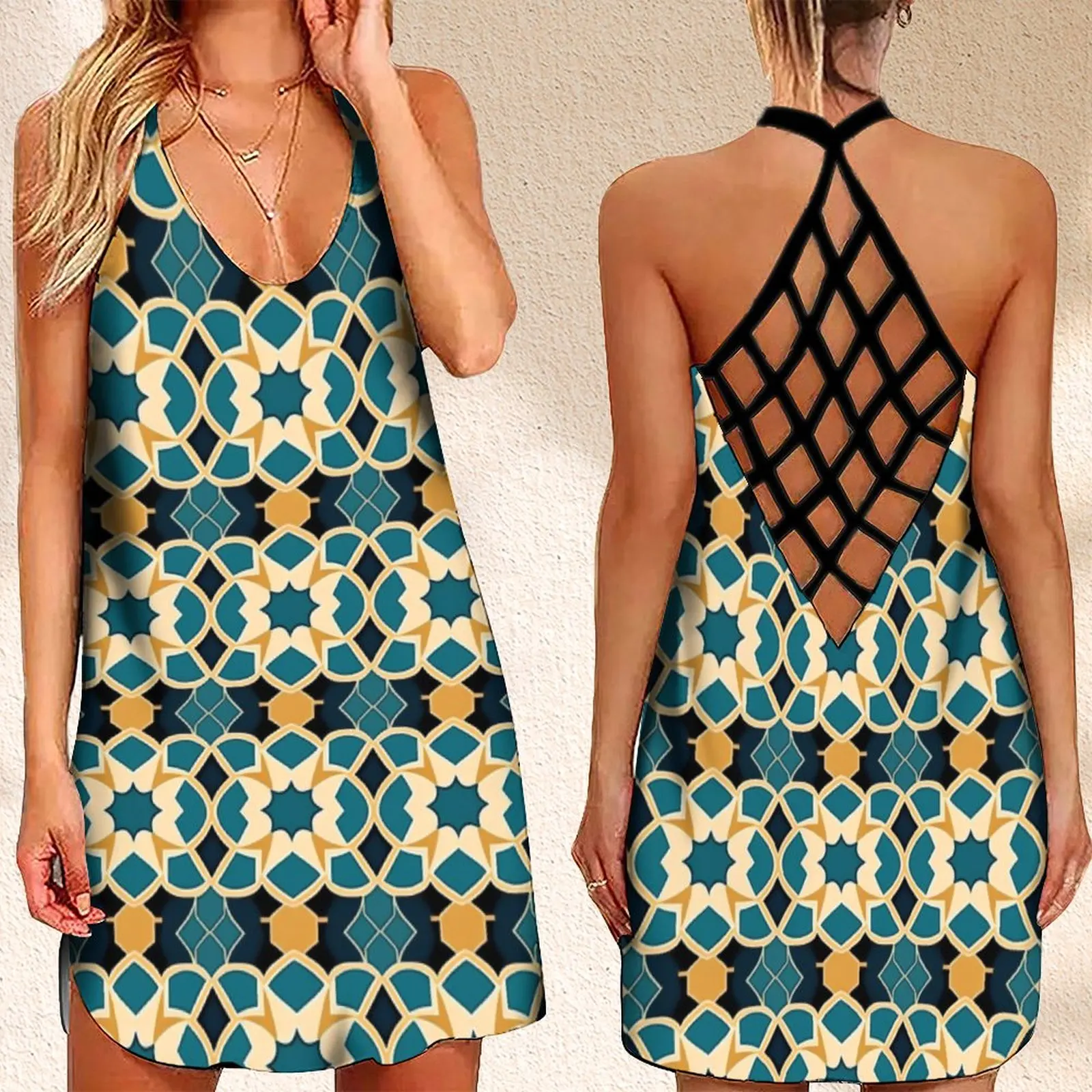 

New Women's Criss Cross Backless Sleeveless Dress SummerArabesque Flower Print Women's Summer Dress