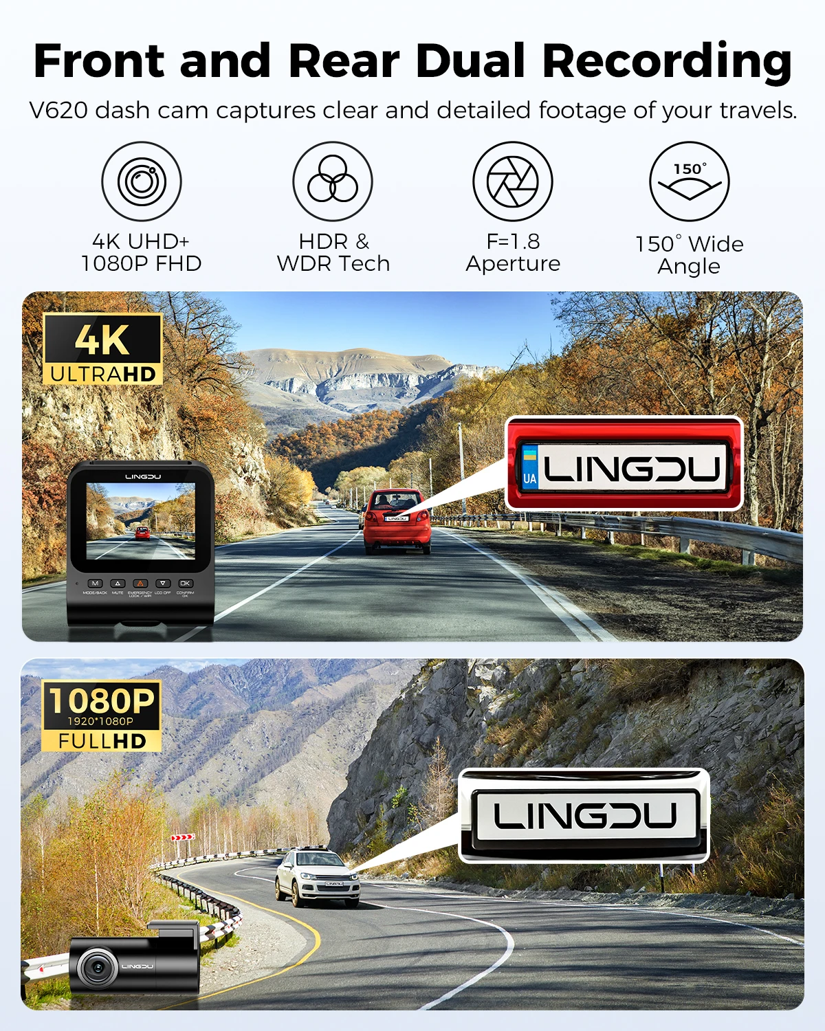 LINGDU Dash Cam Front Rear 4K V620, 4K 1080P HDR ADAS WiFi GPS motion detection 24H parking mode timeline playback