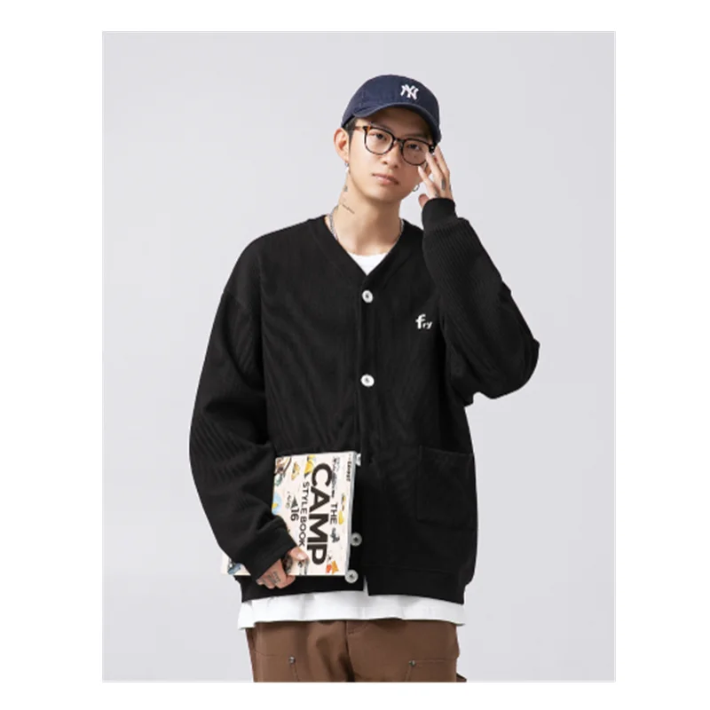 Japanese Waffle Cardigan Sweater Men's 2023 Autumn/Winter New Loose Couple Unisex Women's Embroidered Jacket Coat B0010
