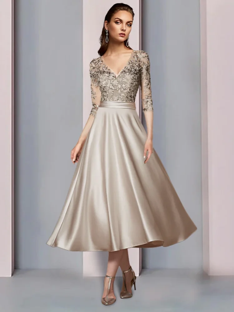 

A-Line Mother of the Bride Dress Wedding Guest V Neck Tea Length Satin Lace Half Sleeve with Pleats Appliques Evening Gown
