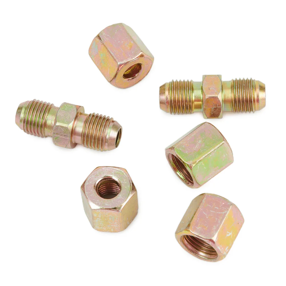 6Pcs Brake Pipe Connectors Brass Brake Line Union Fittings 10mm X 1mm 2 Way Inline Male + Female Nuts For 3/16