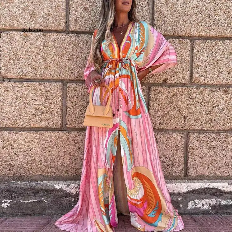 

Boho Summer Printed Lady Maxi Dress Sexy V Neck Button Split Party Dress Women Elegant Drawstring Waist Beach Long Dress 2022