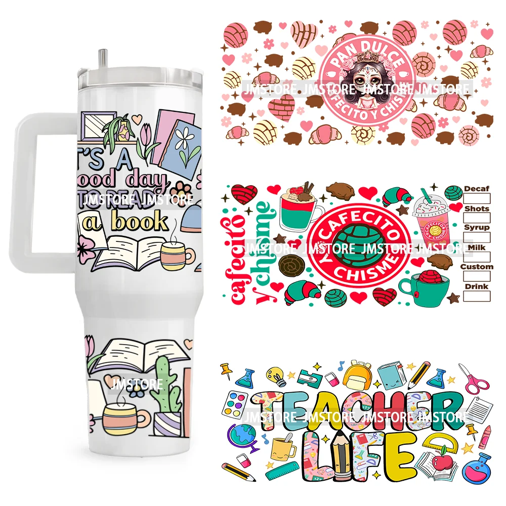 Latina Cafecito Chisme 교사 사랑 책 40OZ 텀블러 UV DTF 스티커 랩 사용자 정의 라벨 컵에 대한 내구성..