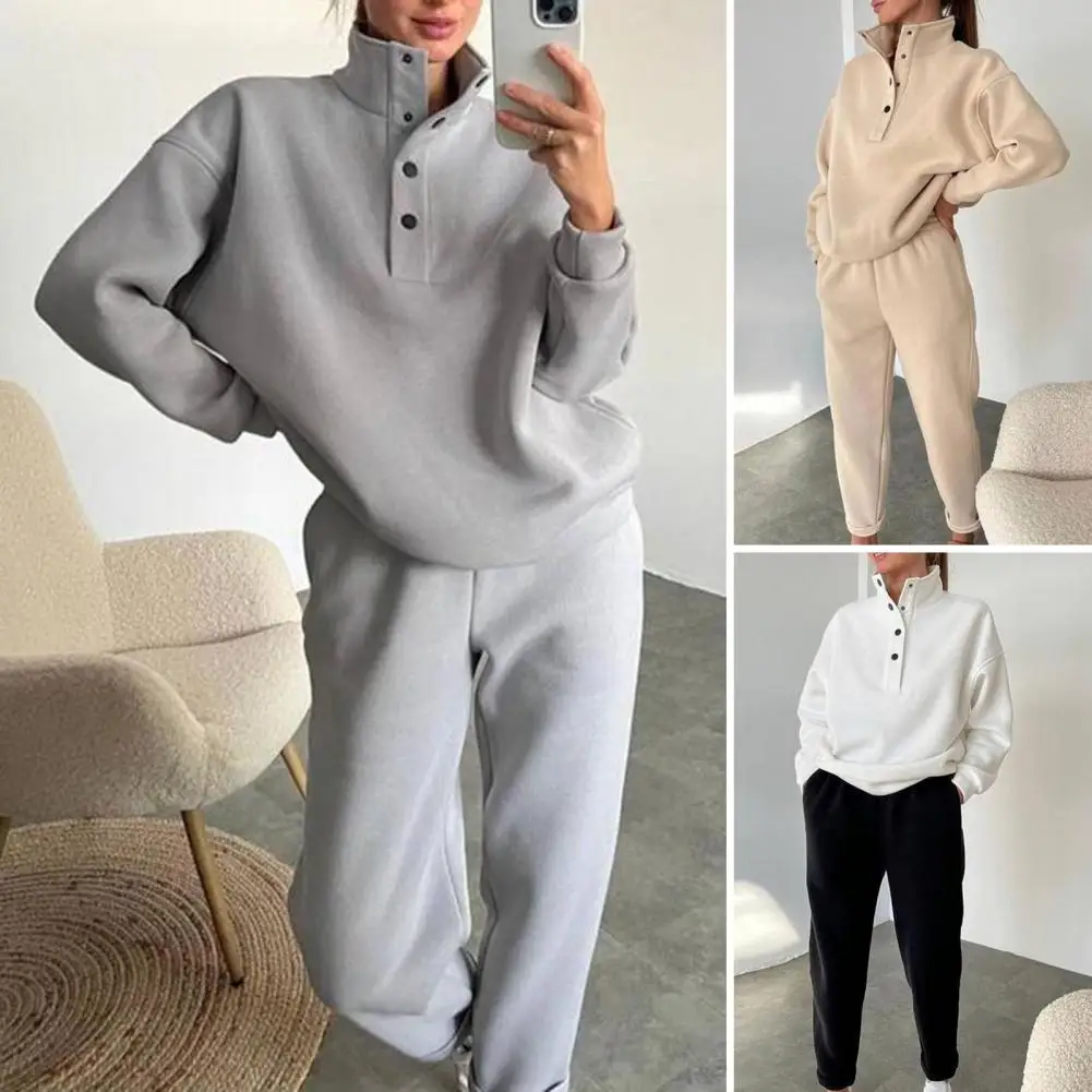 

Buttons Neckline Tops Wide-leg Trousers Set Women's Solid Color Stand Collar Sweatsuit Set for Autumn Winter Gym Fitness Two