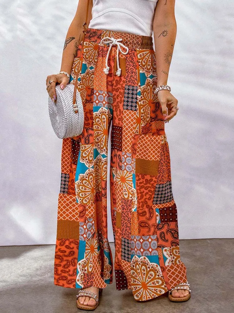 

2023 Spring Summer Print Pants Women Flower Plaid Wide Leg Pants Trouser Female Loose Long Trousers for Women