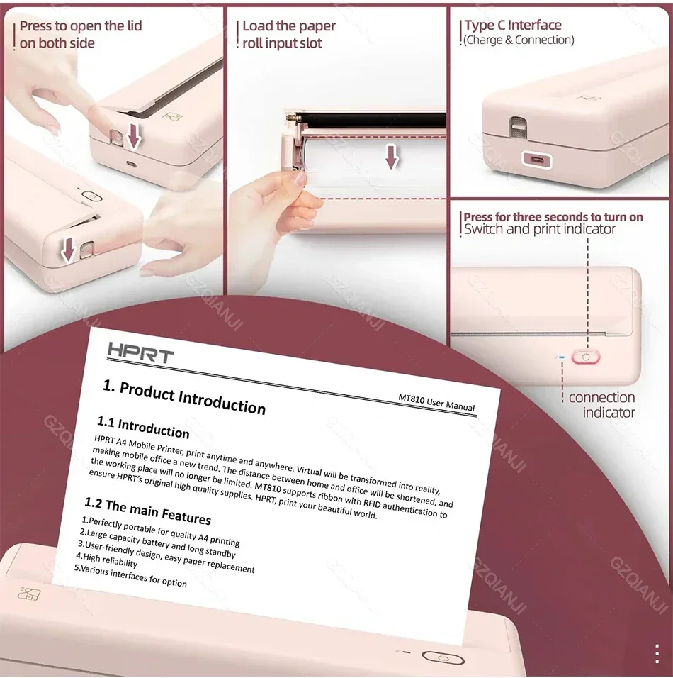 GlowMartHPRT MT810 Mini Thermal Printer A4 Size Bluetooth Wireless Compatible with Win System Inkless PDF Web Document Printing
