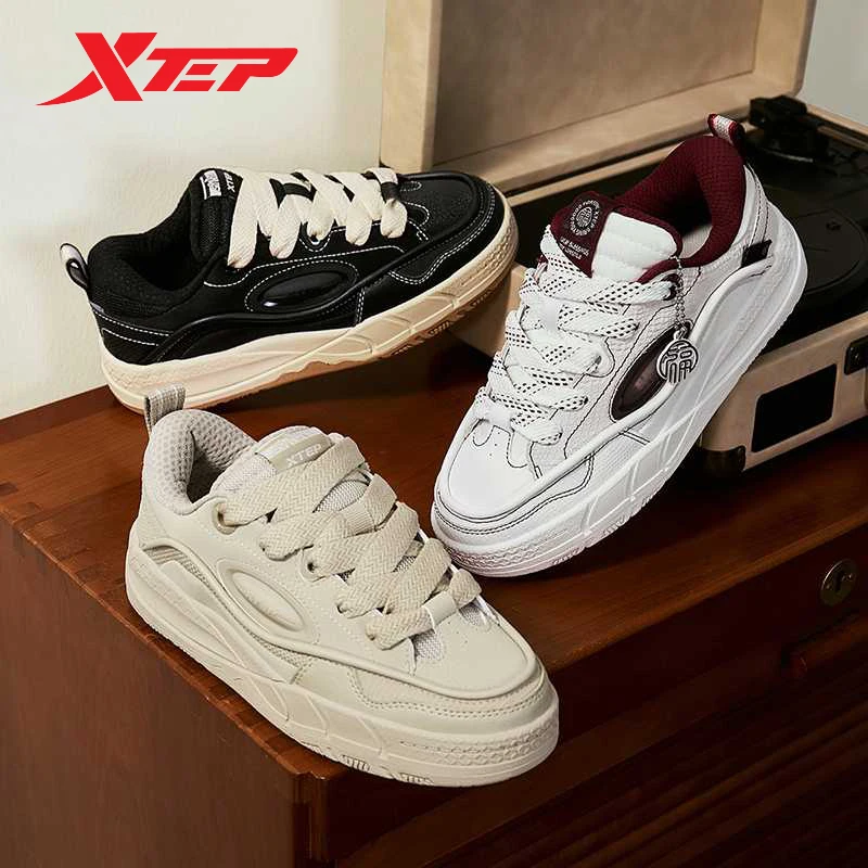 Xtep Low Skateboarding Shoes Women Spring Thick Sole Heightening Breathable Retro Sneakers 875118310017