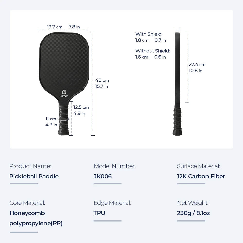JIKEGO 12K Carbon Fiber Pickleball Racket 16mm Paddles Pickle Ball Racquet Cover Professional Men Women