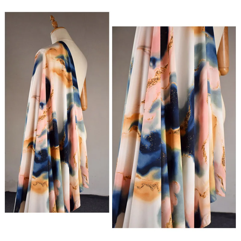 Half Meter Elegant Navy Pink Smudge Print High Grade Elastic Chiffon Fabric Dress Goan Pajamas Soft Cloth Material T1839 sewing fabric