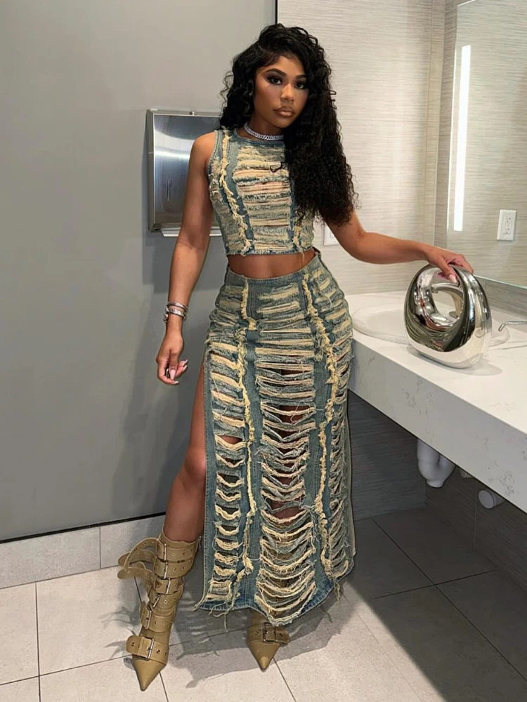 

XIZOU Two Piece Denim Skirt Sets Womens Outfits Sleeveless Hand Frayed Tops and High Split Long Skirt Female Cool Matching Set