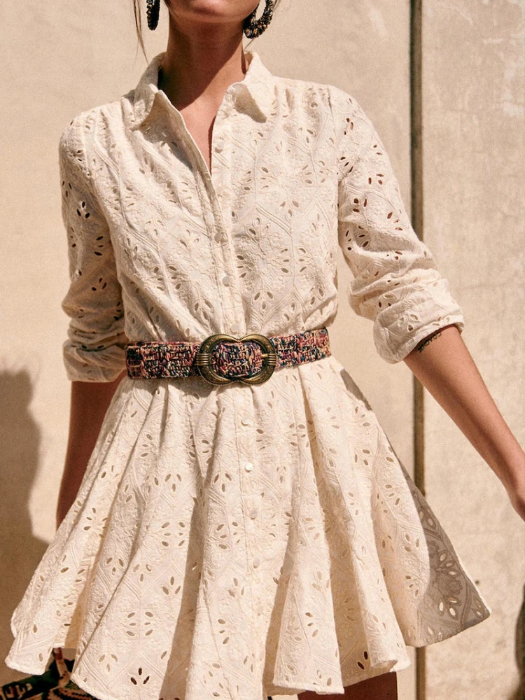 

2023 Spring and Summer New Cotton Lapel Hollow Embroidery Lace-up Shirt-style Women Casual Mini Dress