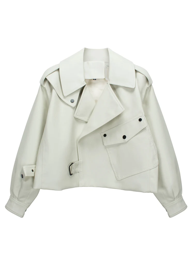 Ailegogo 하이 스트리트 여성 라펠 느슨한 Pu 인조 가죽 짧은 재킷, 봄 가을 여성 빅 포켓 벨트 코트 모토 바이커 아웃웨어