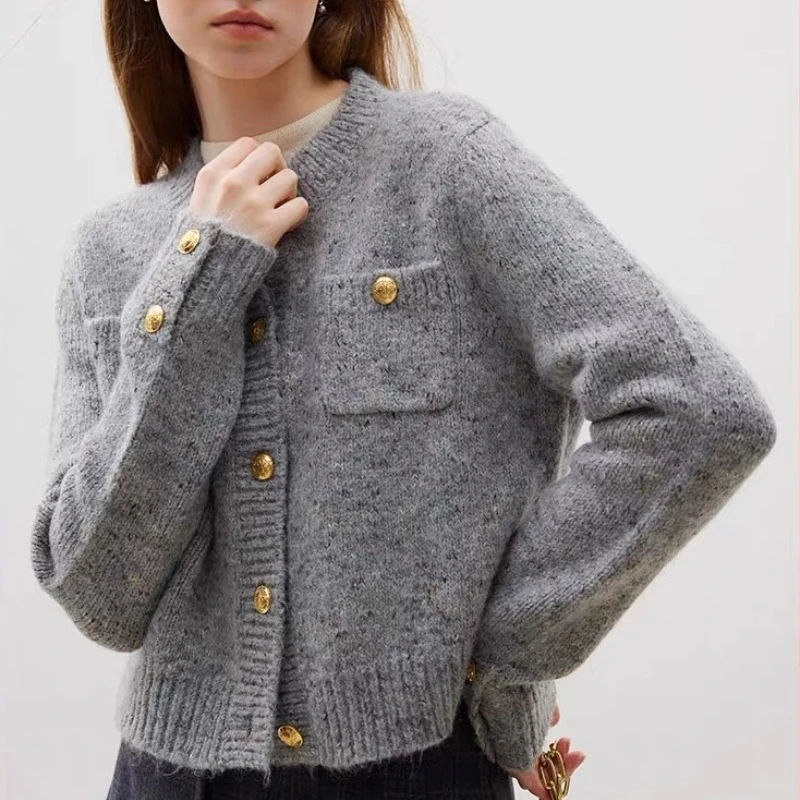 New Crew Neck Cardigan Women's Knitted Sweater Elegant Casual Office Women's Pocket Long Sleeve Knitted Single-breasted Jacket