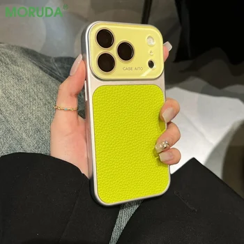 Creative Large Window Color Blocking PU Leather Case for iPhone 13 17 ProMax 16 15 14 Pro Max Glass Lens Protective Cover Fundas 1