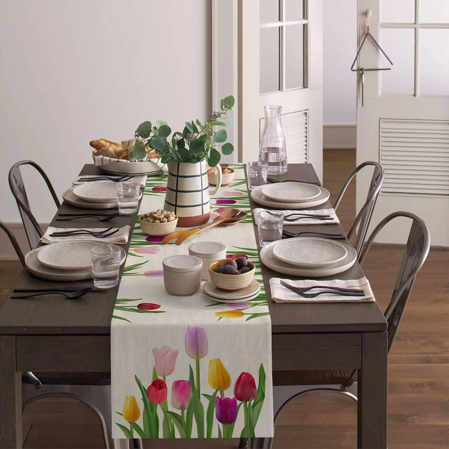 Easter Tulip Flowers Linen Table Runners Dresser Scarves Table Decor Spring Farmhouse Dining Table Runners Wedding Decorations 5
