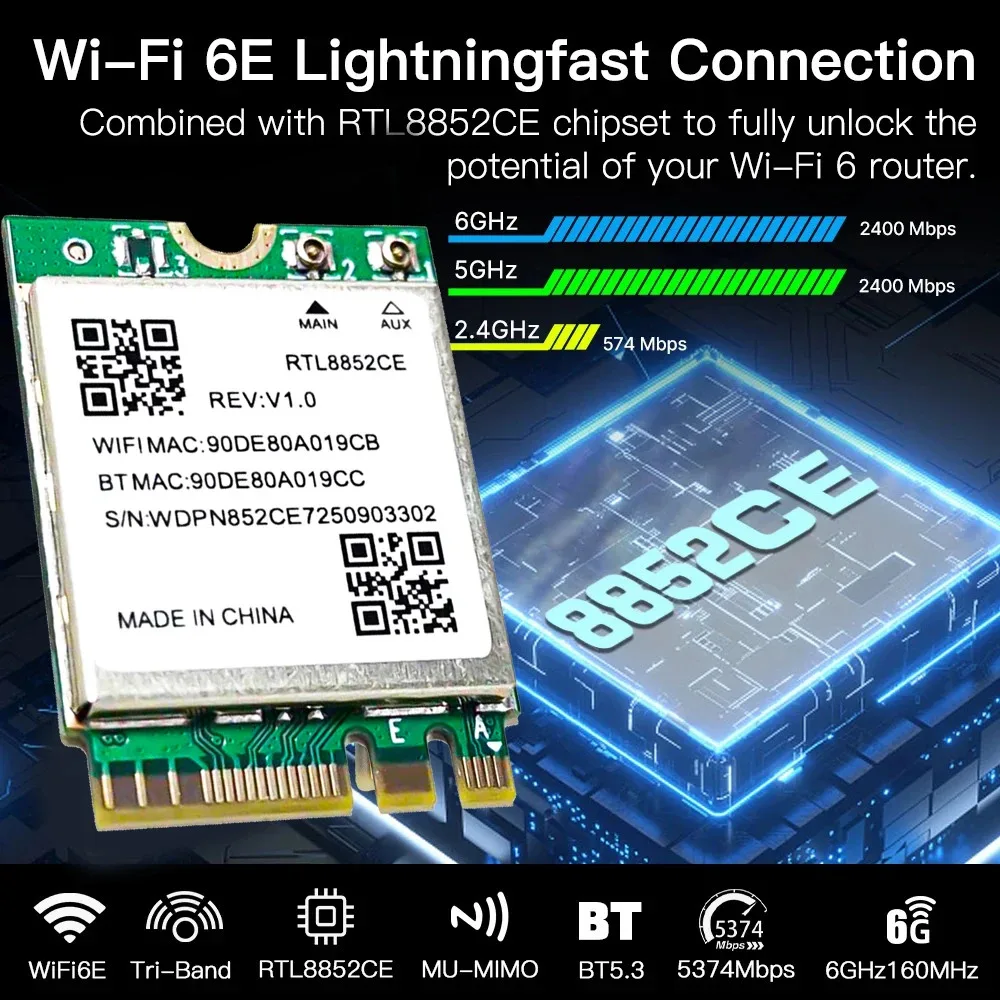 WiFi 6E 트리플 밴드 5374Mbps 블루투스 5.3 어댑터 무선 동글 RTL8852CE M.2 2230 802.11ax 네트워크 카드 윈도우 10/11용