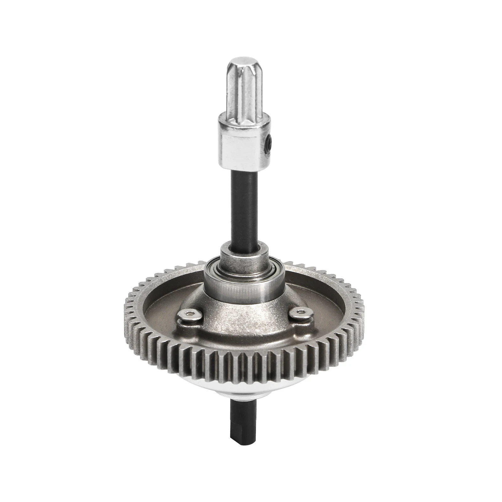 Vue rapprochée du différentiel central en métal pour Traxxas RC, avec engrenages en acier trempé et boîtier robuste.