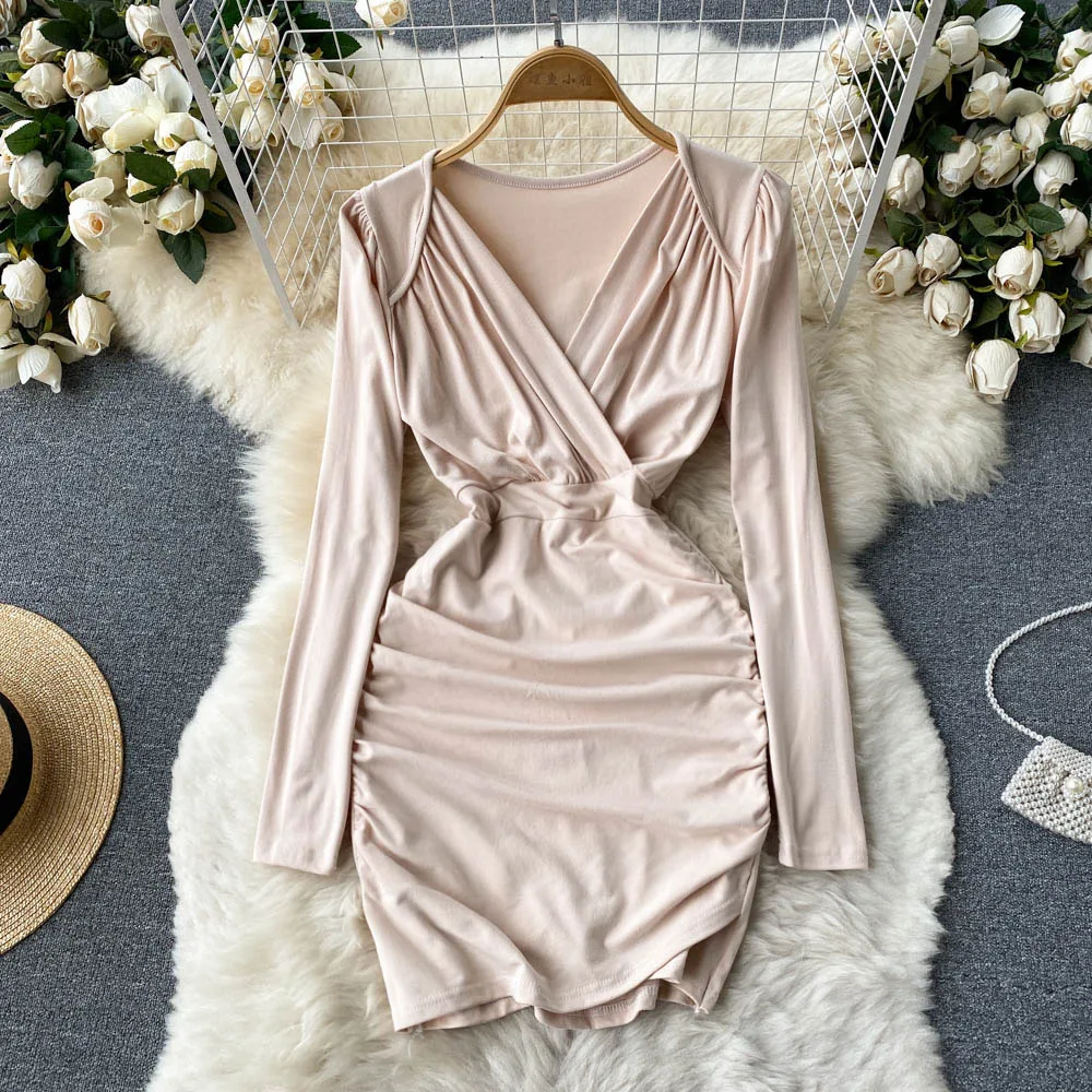 

Sexy V-neck Short Dress Female Fold 2022 Spring New Feminine Super Fairy Temperament Hip Wrap Dress Slim Dress