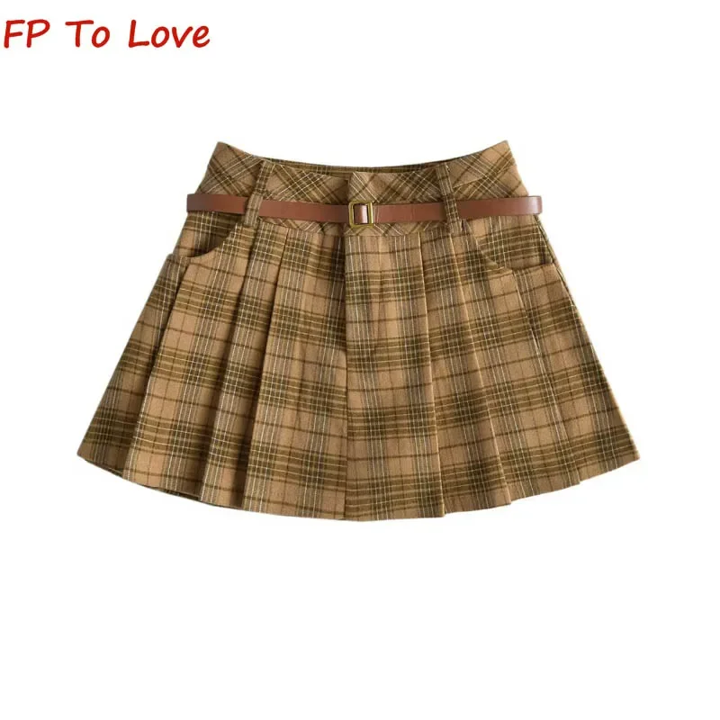 

Melade Pleated Skirt Belt Trim Vintage Plaid Tweed Halter Spice Girls High Waist Pleated A-Line Sexy Mini Skirt