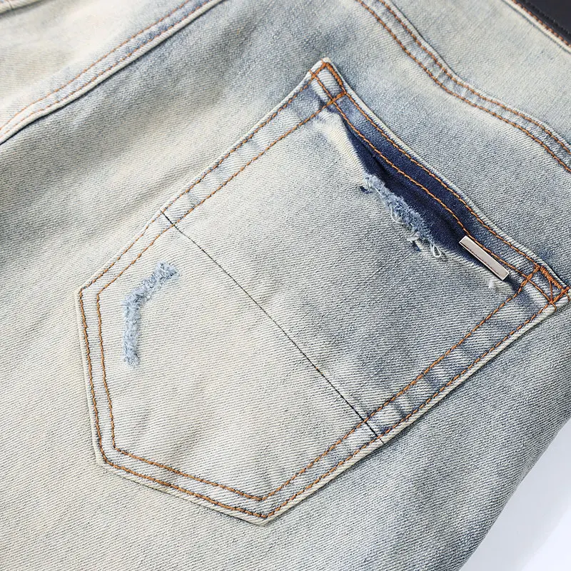Latest Street Fashion Men's Light Blue Jeans Retro Elastic Slim Fit Split Washed Jeans Men's Designer Hip Hop Brand White Patch