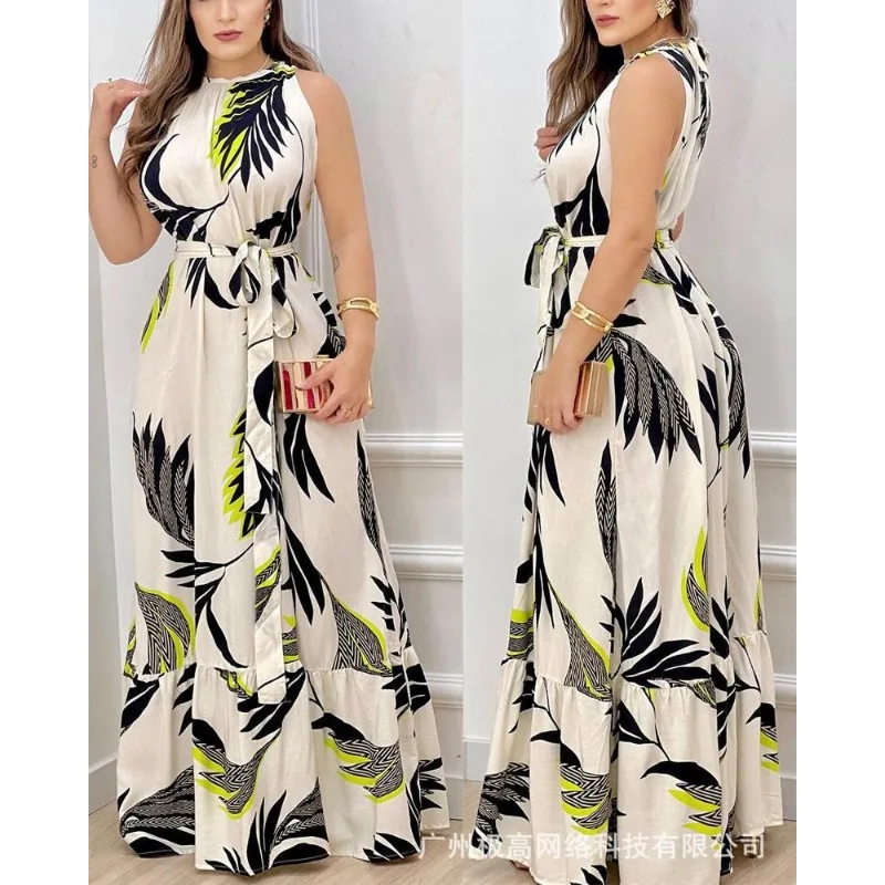 

Wepbel Fashion Casual Floral Dress Women Summer Sleeveless Leaf Printed Long Dress Tank Tops High Waist Full Length Maxi Dress