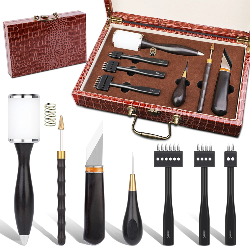 

High-End Leather Tool Set DIY Handmade Leathercraft Tools Kits Stitching Awl Carving Hammer Prong Punch Edge Dye Cutting Knife
