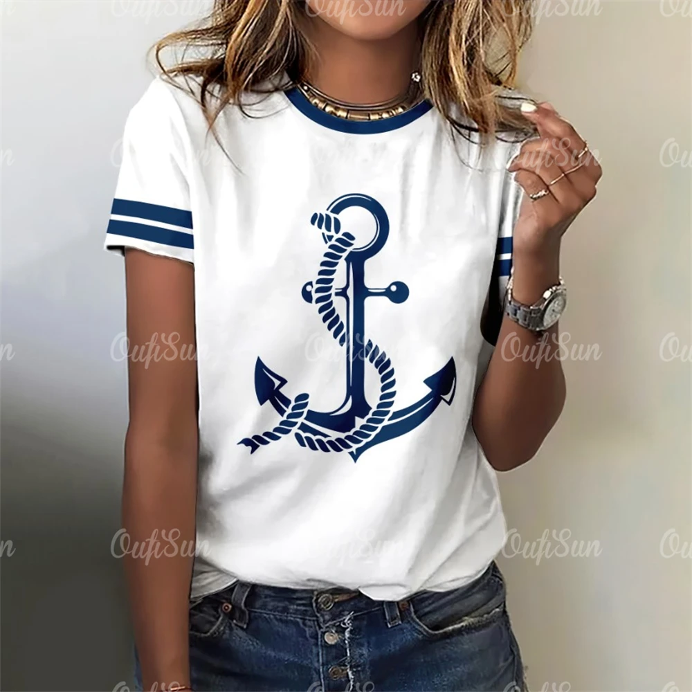 

2024 New Style T-Shirt For Women Anchor Print Top Summer Oversized T-Shirts For Women's Clothing O-Neck Female Fashion Plus Size