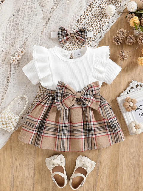 Baby Girl Summer Fashion Cute Casual Round Neck Ruffle Lace Decoration Short Sleeved Waist Large Bow Plaid Splicing Design 1