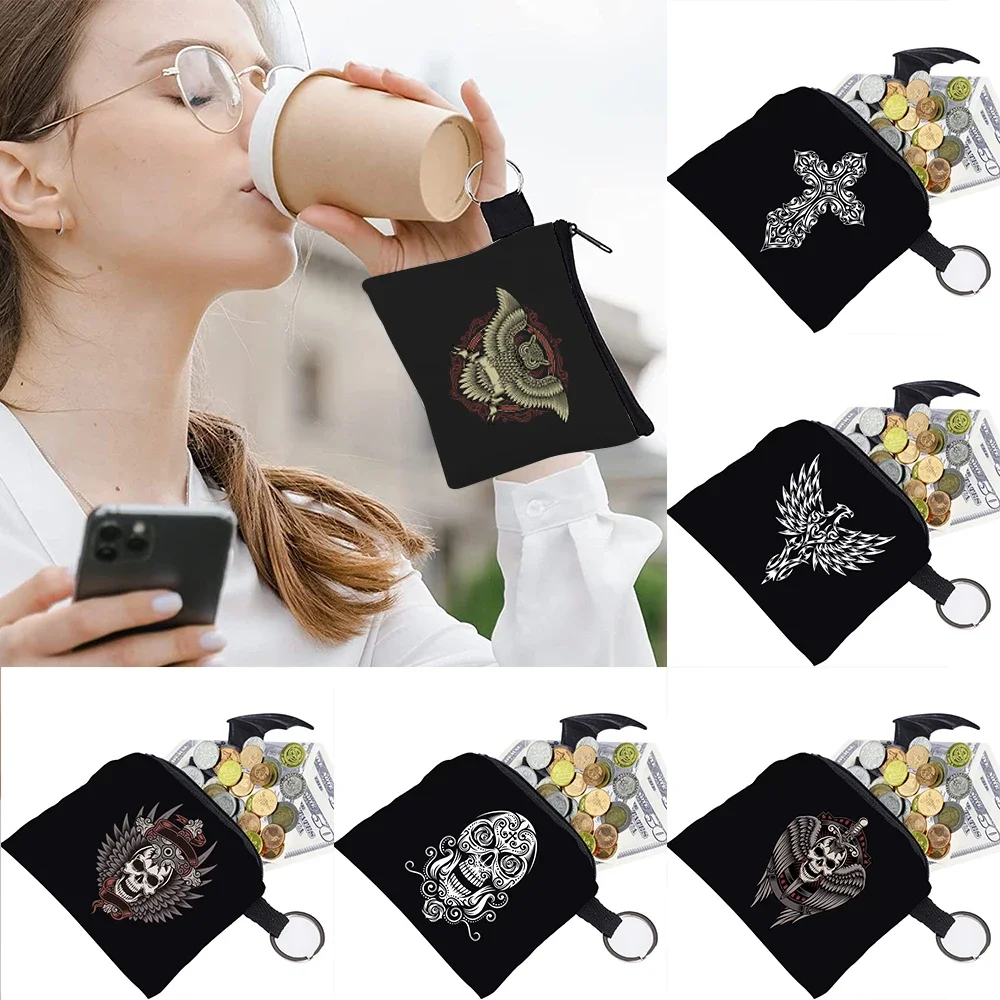 Coin Wallet Women Unisex Key Storage Bag Ring Buckle Zipper Black Canvas Skull Pattern Printing Series