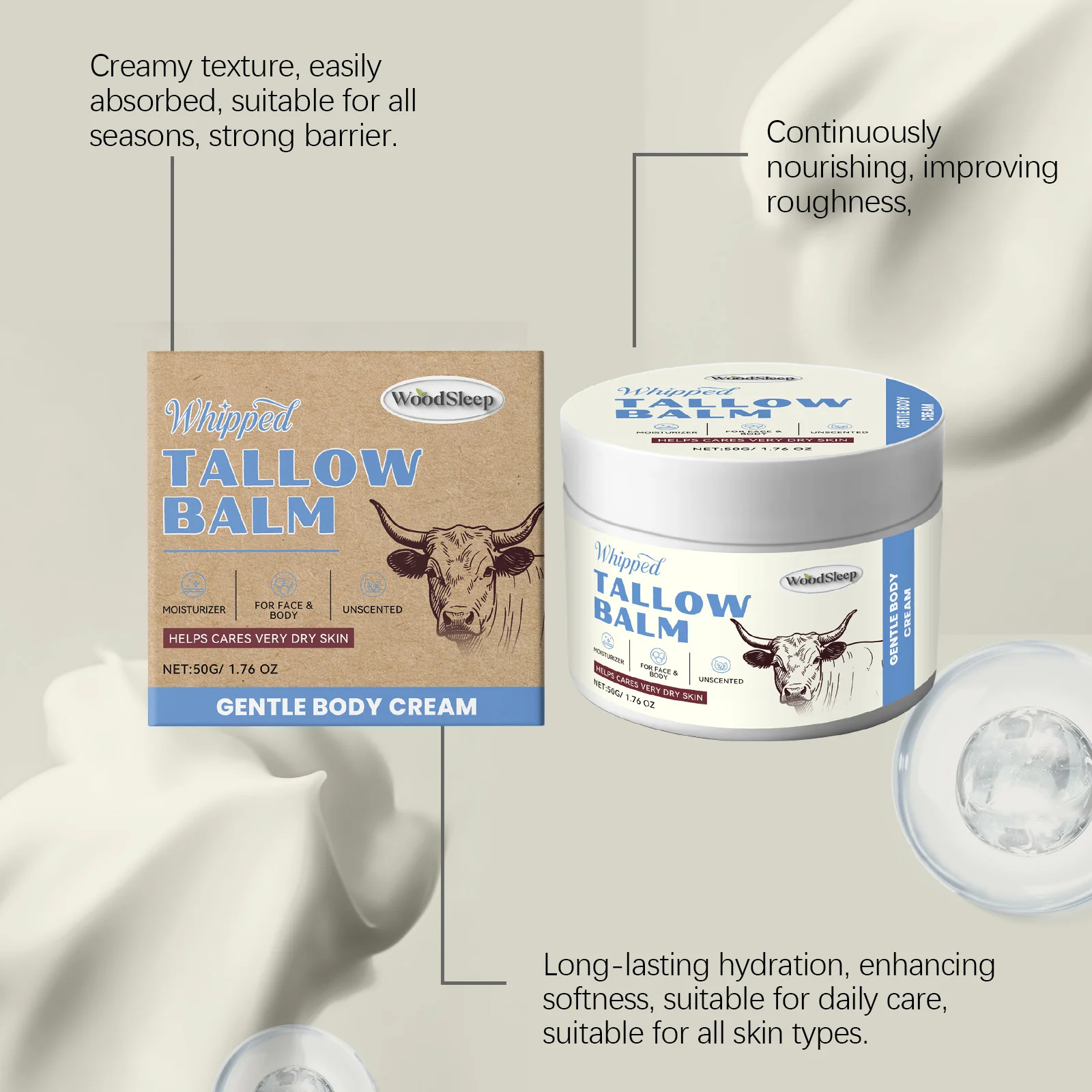 Tallow Moisturizing Cream - A Daily Hydrating Skincare Cream for Gently Nourishing Skin, Leaving It Moist, Smooth & Supple