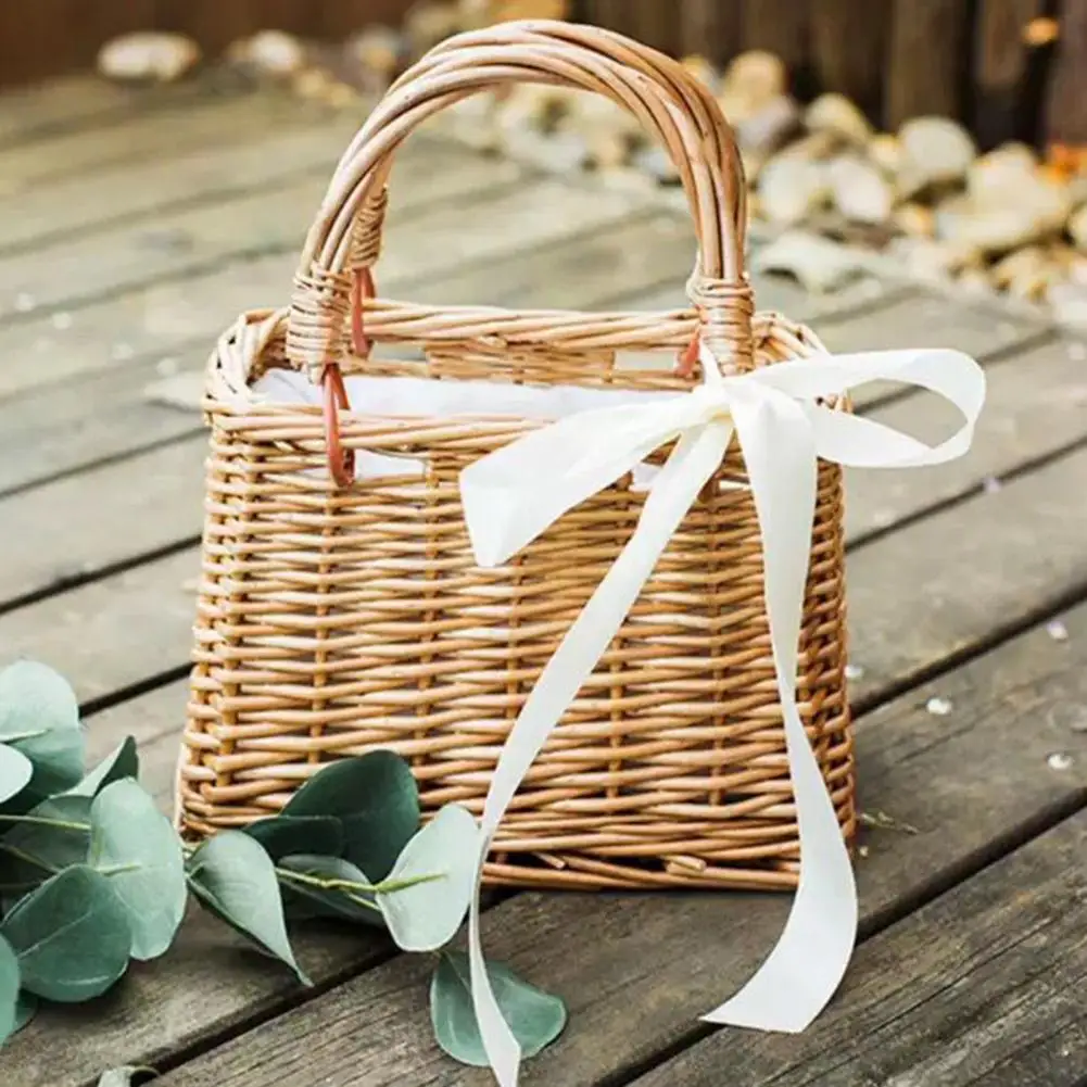 Wicker Flower Basket Rustic Style Woven Handbag Handmade Rattan Woven Trendy Concise Women Handbag Picnic Fabric Rattan Basket 2