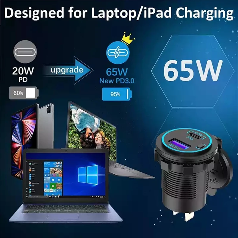 Chargeur de voiture pour ordinateur portable, prise de courant, port USB C  65W PD3.0 et 18W QC3.0, chargeur avec interrupteur pour voiture, montres et  motos marines, 83W - AliExpress