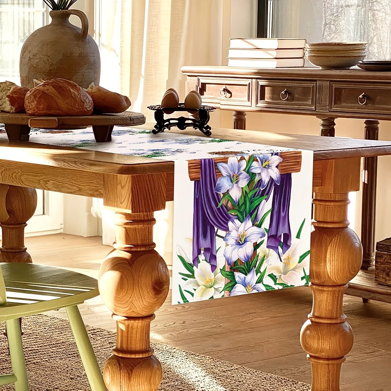 1pc Easter Celebration Table Runner - Linen Rectangular Woven Table Flag with Cross and Floral Design 3