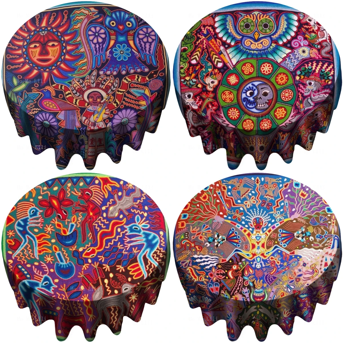 

Yarn Painting By The Indigenous Nilka Of The Hujor Indians Of Mexico Circular Round Tablecloth Decorated The Kitchen